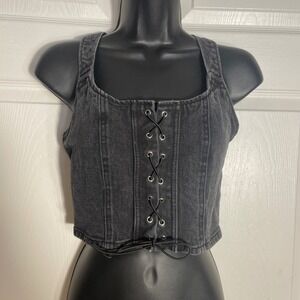 Wild Fable Denim Corset Top Women Small Black Lace Up Square Neck Jean Tank Zip